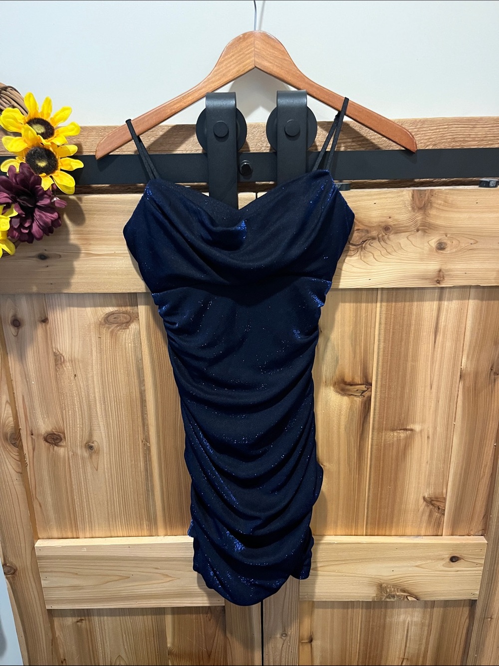 Emerald Sundae Navy Sparkle Cowl Ruched Mini Dress